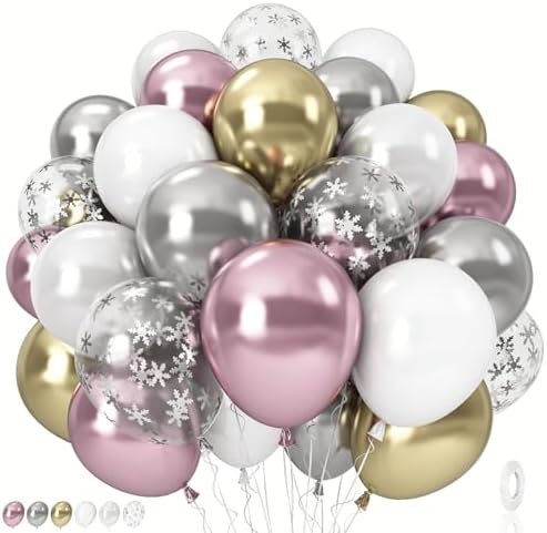 Pink White Winter Wonderland Snowflake Balloons Set, Metallic Light Pink Gold Silver White Snowflake Confetti Balloons for Girl Christmas Birthday Winter Onederland Baby Shower Xmas Party Decorations by Isndare