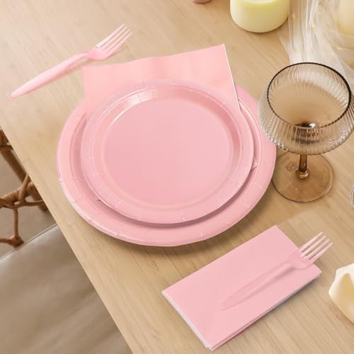 96 Pcs Party Plates, Pink Paper Plates and Napkins, Disposable Tableware Set, Party Supplies for Kids Birthday Baby Shower Wedding Picnic, Serve for 24 Guests - Image 4