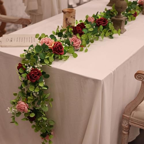 Anna's Whimsy 2PCS 5.91FT Artificial Eucalyptus Garland with Flowers, Fake Rose Gypsophila Garlands, Faux Floral Greenery Garland for Wedding Spring Home Party Table Runner Decor（Dusty Pink） - Image 5