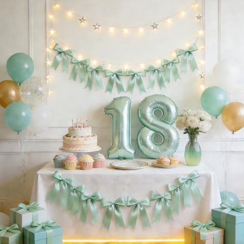 2 Strings Sage Green Bow Garland Banner Decorations, Pre-Strung Satin Ribbon Bows for Birthday, Baby Shower, Bridal Shower, Coquette Girls Room, Bow Themed Party, Wedding, Christmas Tree Decorations - Image 2