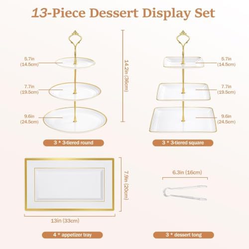 13 Pcs Dessert Display Set, 6 3-Tier Cupcake Stands, 4 Trays & 3 Tongs - Image 3