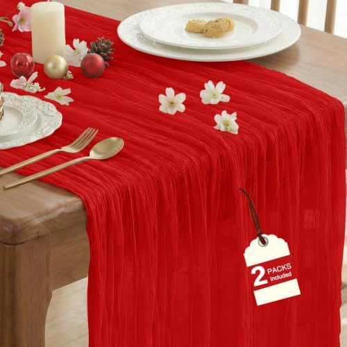 2 Pack Red Cheesecloth Table Runner for Fall Christmas Party Decor by IVAPUPU