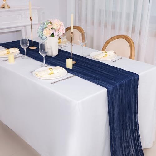 Snowkingdom 10 Ft Navy Blue Cheesecloth Table Runner, 120 inch Long Cheese Cloth Boho Gauze Runner for Christmas Wedding Bridal Baby Shower Birthday Holiday Party Sheer Table Decorations - Image 5