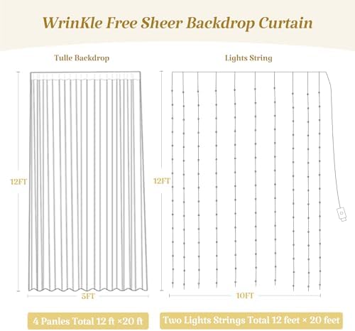 20ft x 12ft White Tulle Backdrop Curtain with Lights String for Parties Wedding Bridal Shower Sheer White Curtain Backdrop for Birthday Party Baby Shower Photo Booth Decorations - Image 4