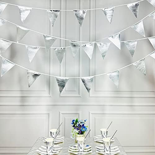 Silver Party Decorations Metallic Fabric Triangle Pennant Banner Silver Flag Bunting Garland for Graduation Birthday Wedding Bridal Shower Anniversary Engagement Bachelorette Party Decoration Supplies - Image 4