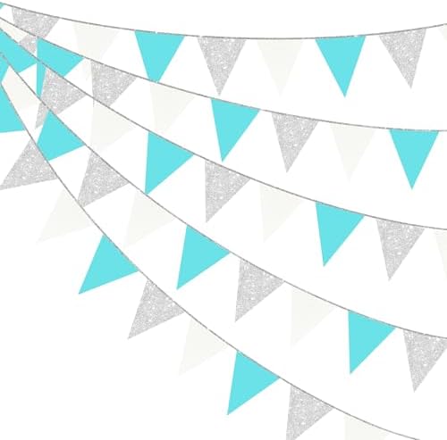 Teal Blue and Silver White Pennant Banner Flag Hanging Glitter Paper Triangle Bunting for Birthday Graduation Bridal Shower Wedding Shower Engagement Turquoise Aqua Party Decorations Supplies by pinkblume