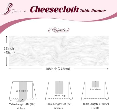 3 Pack White Cheesecloth Table Runner, 17 x 108 inch, Semi Sheer Boho Cheese Cloth Fabric Table Runner Bulk for Wedding, Birthday, Party, Holiday, Home Decor (White) - Image 3