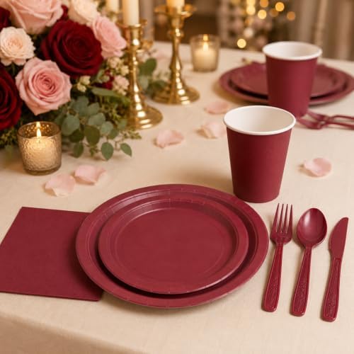 168Pcs Burgundy Plates and Napkins Party Supplies, Serves 24 - Image 4