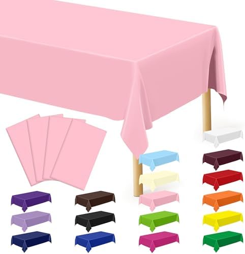 4 PCS Plastic Table Cloth Disposable, 54 x 108 Inches Pink Tablecloth, Plastic Table Cover Rectangle Tablecloth for Baby Shower Decorations and Wedding Party, Tablecloths of Leakproof Home Essentials by QZYL
