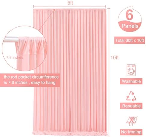 6 Panels Blush Pink Backdrop Curtain for Parties Baby Shower Wrinkle Free Pink Photo Curtains Backdrop Drapes Fabric Decoration for Wedding Birthday Party 30ft(W) x 10ft(H) - Image 5