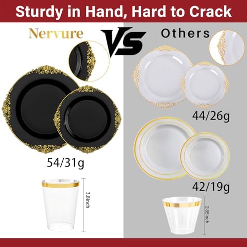 Nervure 350Pcs Black Plastic Plates, Plastic Dinnerware Set for 50 Guests - Image 4