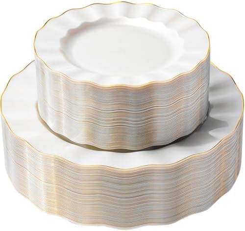 72PCS Pearl White Plastic Plates, Wavy Plates with Gold Rim by QualQuot