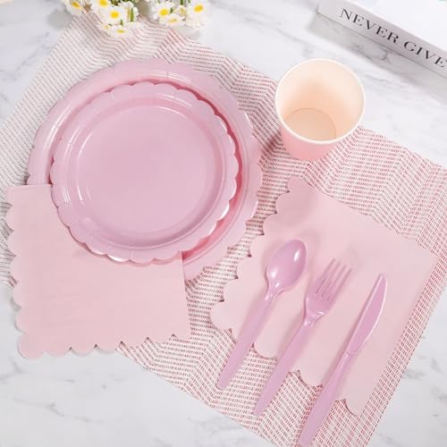 350 Pcs Pink Plates and Napkins, 50 Set Scalloped Pink Dinnerware - Image 4