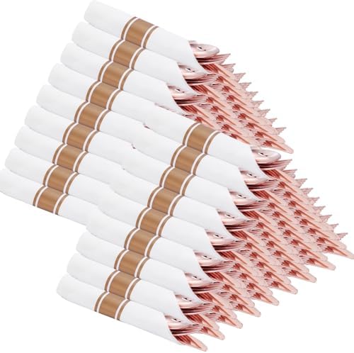 Supernal 100pack Pre Rolled Rose Gold Plastic Silverware with Napkins by supernal