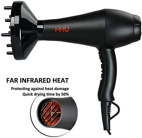 MHU Professional Salon Grade 1875w Low Noise Ionic Ceramic Ac Infrared Heat Hair Dryer Plus One Concentrator and One Diffuser Black Color - Image 3