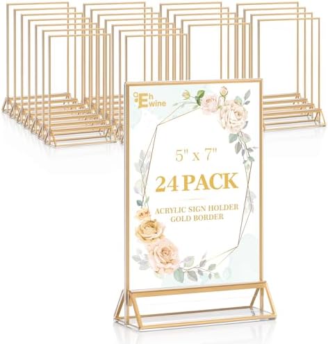 EHWINE 24 Pack Acrylic Sign Holder 5 x 7, Double Sided Gold Picture Frame Stand up Table Top Sign Holders, Clear Display Stand Menu Flyer Holder for Wedding Party by EHWINE