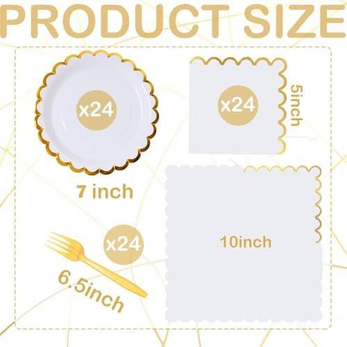White scalloped party plates with napkins and fork gold foil border, 24 Guest disposable Tableware Set Party Decoration for Birthday Coquette Bridal Baby Shower Valentines - Image 6