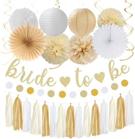 Champagne Gold White Bridal-Shower Party-Decorations - 31pcs Bride to Be Banner,Boho Neutral Bachelorette Paper Lanterns,Wedding Streamers Garland,Tissue Pom Poms Flower Fan Decor Supplies Burgleda by Burgleda