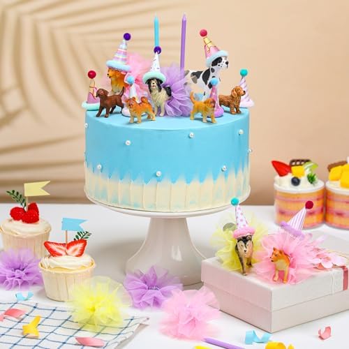Weysat 27 Pcs Dog Cake Topper with Party Hats Pom Poms Animal Figures - Image 3