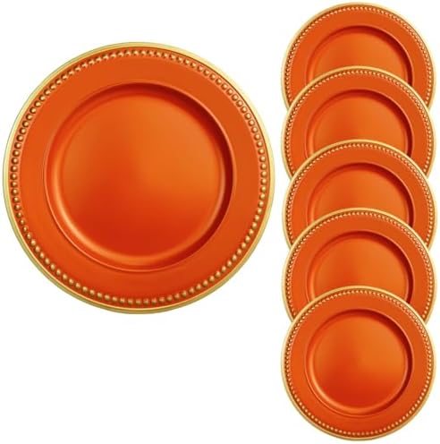 Orange Beaded Charger Plates, Set of 6, 13 Inch Plastic Round Chargers for Dinner Plates, Party, Wedding, Birthday.(Orange. 6) by Umisriro