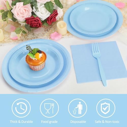 Light Blue Paper Plates and Napkins Party Supplies, Include 9’’Disposable Blue Plate, 7’’Dessert Plates Cups Napkins Forks for Baby Shower, Wedding, Birthday Decorations, Serves 25 - Image 3