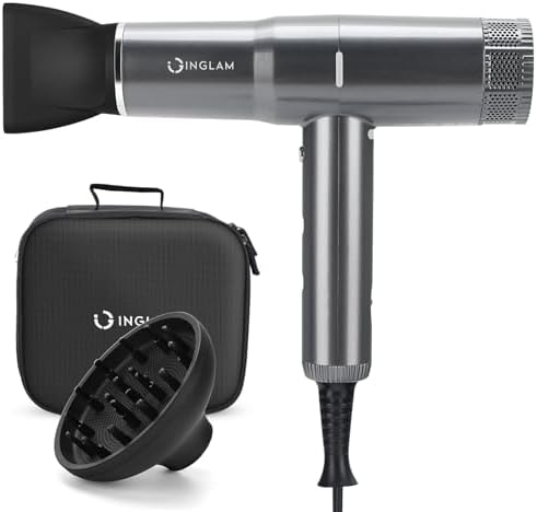 Hair Dryer with Diffuser, IG INGLAM 1875W Professional Ionic Blow Dryer, 110, 000 RPM High-Speed Brushless Motor, Auto-Clean, 3 Heat Settings & 3 Speed & Cool Shot Button Settings for Easy Home/Travel by INGLAM