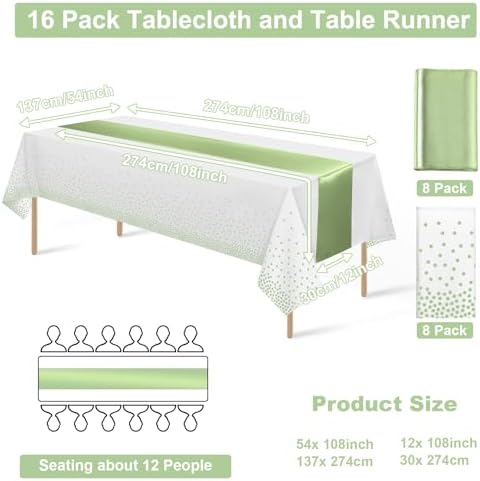 16Pack Plastic Tablecloths and Satin Table Runner Set Disposable White and Sage Green Dot Table Cloth Green Satin Table Runner for Wedding Birthday Baby Shower Anniversary Holiday Party Decorations - Image 2