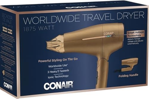 Conair 1875W Worldwide Travel Hair Dryer – Dual Voltage, Folding Handle, Ionic Technology – Champagne Compact Travel Blow Dryer for International Use - Image 4