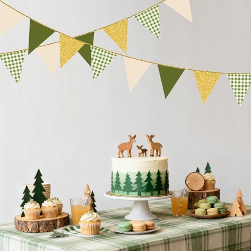 Sage Green Gold Buffalo Plaid Pennant Banner Flag Olive Green Gold Hanging Glitter Paper Triangle Bunting for Birthday Wedding Shower Safari Jungle Woodland Neutral Party Decorations Supplies - Image 7