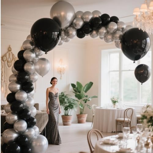 412Pcs Black and Silver Balloons Arch Kit, Latex Balloons Different Sizes 18 12 10 5 Inch for Birthday, Wedding, Graduation, Anniversary Decorations - Image 7