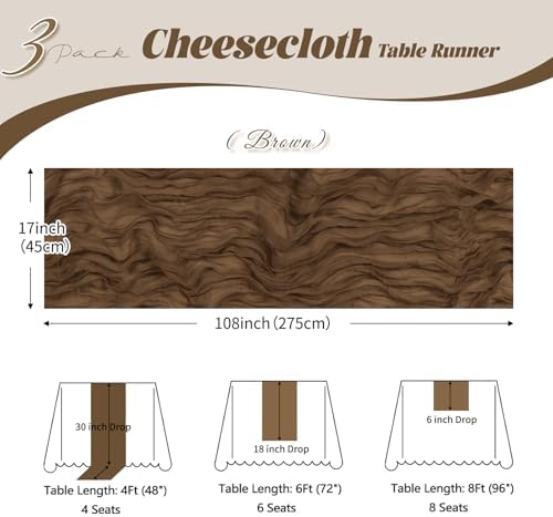 3 Pack Brown Cheesecloth Table Runner, 17 x 108 inch, Semi Sheer Boho Cheese Cloth Fabric Table Runner Bulk for Wedding, Birthday, Party, Holiday, Home Decor (Brown) - Image 3