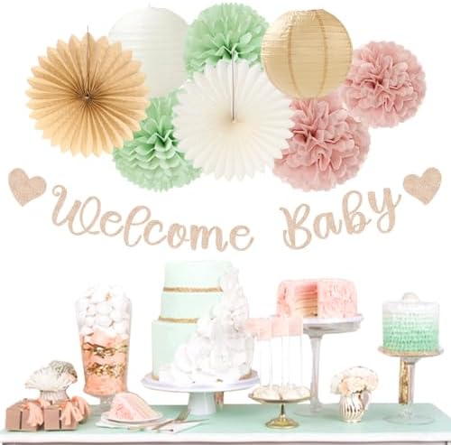 Sage-Green Pink-Beige Baby-Shower Party-Decorations - 36pcs Welcome Home Banner Sign,Girl Paper Lanterns,Neutral Streamers Garland,Boho Tissue Pom Poms Flowers Fans Backdrop Decor Burgleda - Image 5