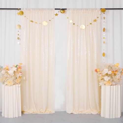 ShinyBeauty Ivory Sequin Backdrop 2 Pieces Photograph Backdrops 7FTx7FT Beige Backdrop Curtains Panels Sparkly Background Glitter Curtain for Wedding,Party,Baby Shower Backgrounds - Image 2