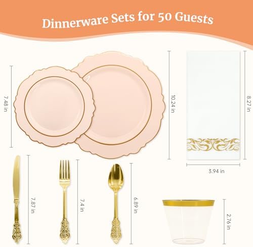 AIRE Pink Gold Plastic Plates Set, 350PCS Disposable Tableware for 50 - Image 2