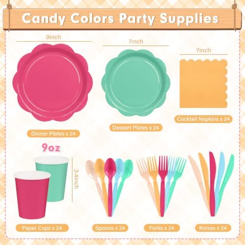 350 Pcs Colorful Party Plates and Napkins Party Supplies Serves 50 Guests Include Candy Colors Scalloped Plate Napkin Cup & Cutlery for Baby Shower, Wedding, Birthday, Bridal Shower - Image 2