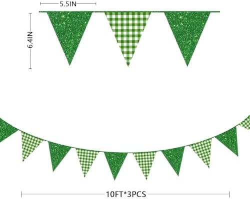 Glitter Green Party Pennant Banner Flag Green Buffalo Plaid Hanging Paper Triangle Bunting for Birthday Christmas Holiday Wedding Shower Bridal Shower St Patrick's Day Party Decorations Supplies - Image 2