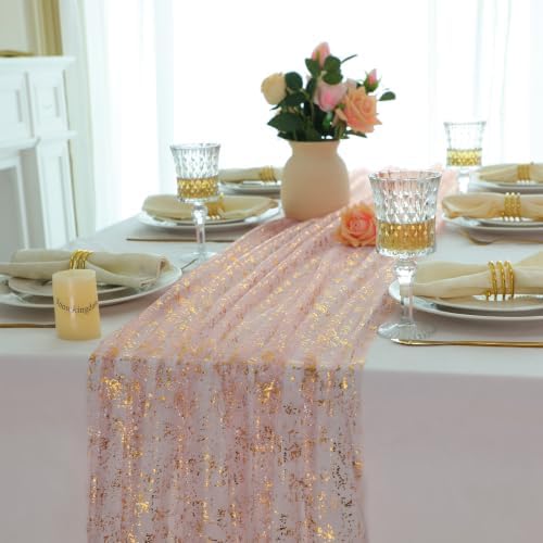 10Pcs Blush Pink Gold Table Runner 10ft Metallic Foil Glittery Sheer Gauze - Image 4
