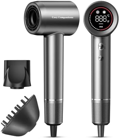 Cosy Companions Hair Dryer - Negative Ionic Blow Dryer with 150000 RPM High Speed Brushless Motor for Fast Drying, Low Noise, HD Display Hair Dryer with Diffuser and Nozzle, 5 Temps & 2 Speeds by CosyCompanions