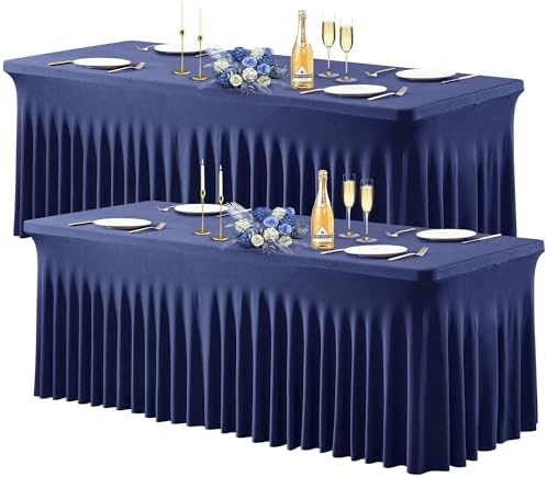 Wish Care 2 Pack Navy Blue Spandex Table Clothes for 8 Foot Rectangle Tables, 8FT Wrinkle Free Fitted Tablecloths Ruffles Design Table Cover for Party, Banquet, Wedding and Events by WishCare