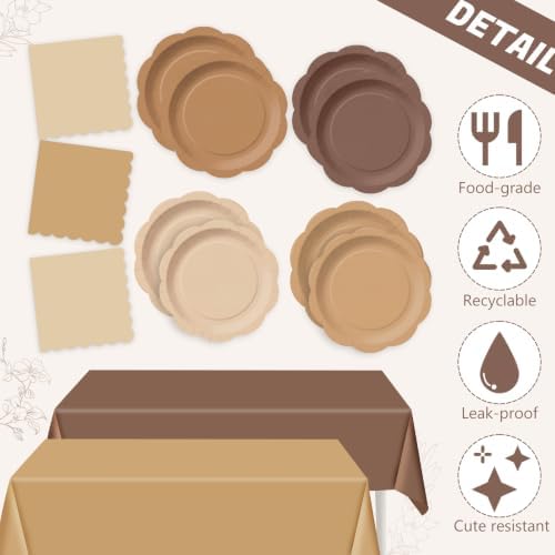 LemonRoad 100 Pcs Gradient Brown Paper Plates Napkins Tablecloth Set for 24 - Image 3