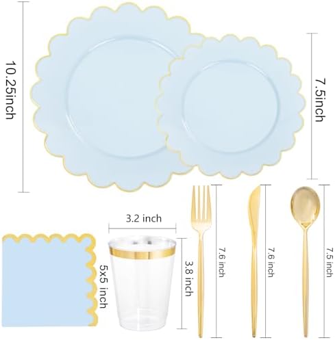 LIYH 210 Pcs Light Blue Plastic Dinnerware Set - Baby Blue Plastic Plates Napkins with Gold Foil Include Bridal Shower Plates Disposable Gold Silverware Napkins Cups for Birthday 30 Guests - Image 2