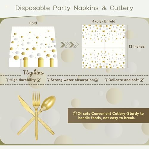 White and Gold Dots Party Plates,168PCS Birthday Tableware Party Supplies - Image 4