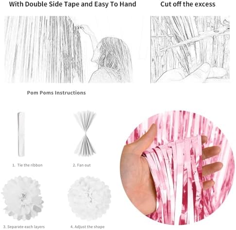 Pink Birthday Decorations for Girls, Pink White Party Balloons Happy Birthday Banner Balloon Star Heart Foil Balloon Fringe Curtain Paper Pompom for Women Bday Party Supplies - Image 6