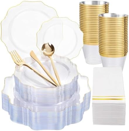 WDF 350Pcs Clear and Gold Plastic Plates - Heavy Duty Clear Plates Disposable - Gold Dinnerware Sets of 100 Plastic Plate 150Silverware 50 Cups 50 Napkins for Wedding/Thanksgiving/Fall/Rosh Hashanah by WDF