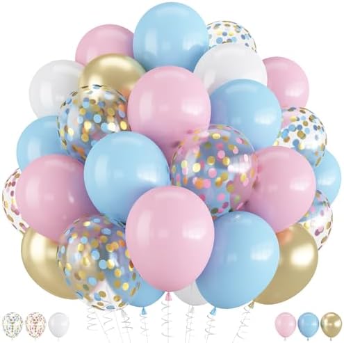 Balloons Pink and Blue, 60 Pack 12 Inch Pastel Light Pink Blue with Metallic Gold Confetti Balloons for Birthday, Gender Reveal, Baby Shower, Boy or Girl Party Decoration by Togvu
