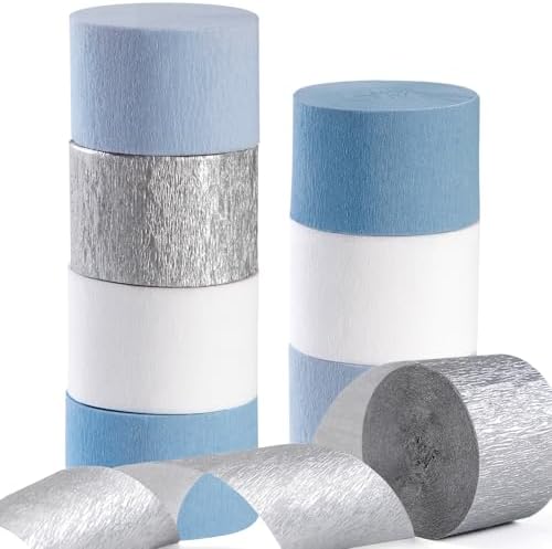 Light-Dusty Blue White-Silver Party-Decorations Streamers - 8 Rolls Birthday Graduation 2026 Baby Bridal Shower Crepe Tissue Paper Streamer,Bachelorette Engagement Garland Decor Panduola by Panduola