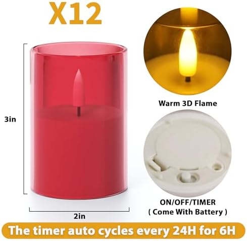 12Pack Flameless LED Candles with Timer, Battery Operated, Red, 2"x3" - Image 4