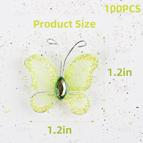 AUEAR, 100 Pack Sheer Mesh Wire Glitter Butterflies Butterfly Decoration with Gem for Home Wedding Party Wall Decorations (Green) - Image 2