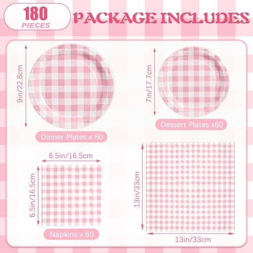 180Pcs Pink Gingham Party Supplies Paper Plates and Napkins Serve 60 - Image 2