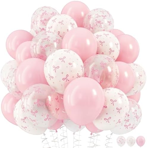HILAVO Pink Bow Balloons, 12 Inch Pastel Light Pink Transparent White Bow Print Coquette Balloon for Girls Women Birthday Bachelorette Party Bridal Baby Shower Wedding Anniversary Decorations Supplies by HILAVO